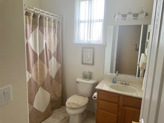 bathroom featuring a shower with curtain, tile patterned floors, vanity, and toilet