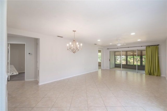 7249 SW 93rd Ave, Ocala, FL 34481 - empty room featuring visible vents, baseboards, ceiling fan with notable chandelier, recessed lighting, and light tile patterned flooring