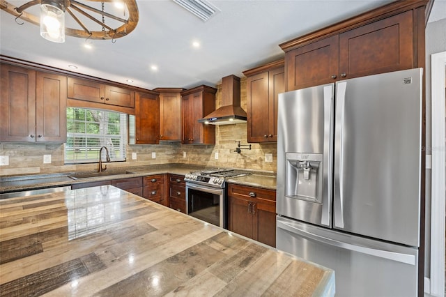 kitchen featuring visible vents, a sink, wall chimney exhaust hood, backsplash, and stainless steel appliances