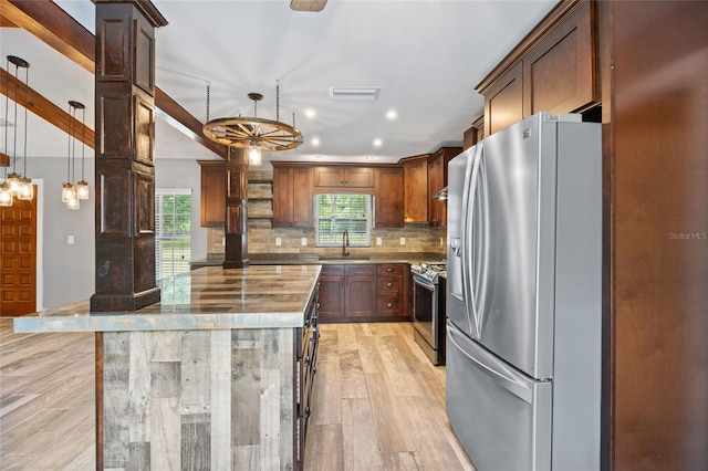 kitchen featuring stainless steel appliances, a sink, light wood finished floors, wood counters, and recessed lighting