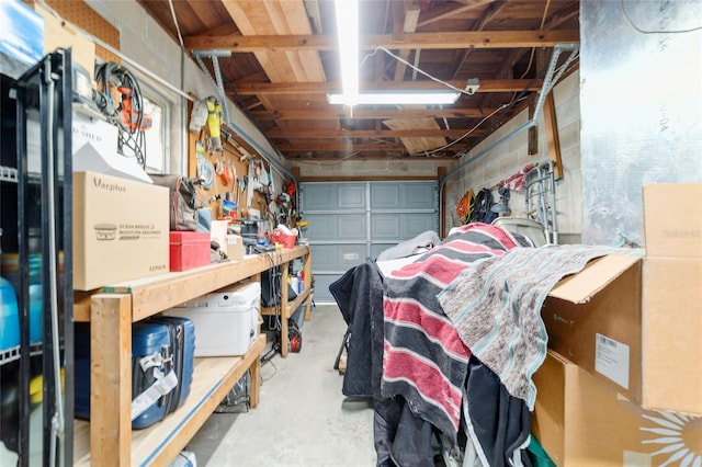 garage with a workshop area