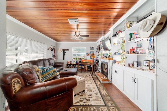 living area with light wood-style floors, visible vents, wood ceiling, and ceiling fan