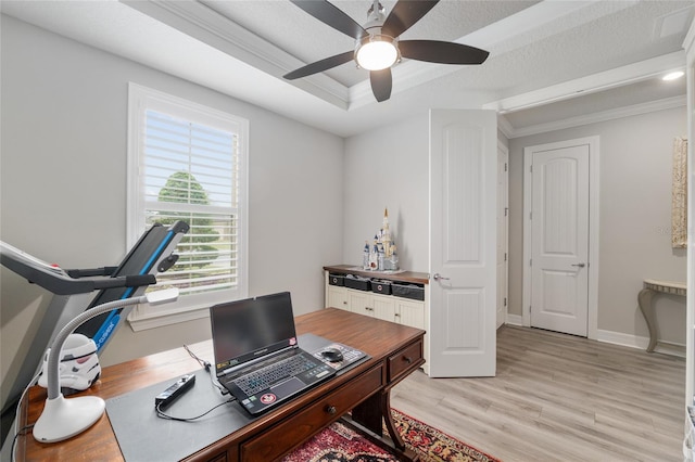 6816 SW 95th Cir, Ocala, FL 34481 - home office featuring crown molding, a ceiling fan, a tray ceiling, light wood finished floors, and baseboards