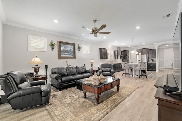 6816 SW 95th Cir, Ocala, FL 34481 - living area featuring a ceiling fan, visible vents, light wood finished floors, and recessed lighting