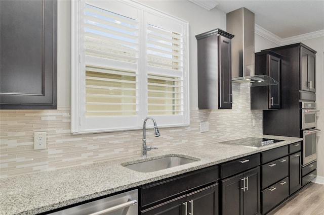 6816 SW 95th Cir, Ocala, FL 34481 - kitchen featuring wall chimney exhaust hood, a sink, tasteful backsplash, crown molding, and appliances with stainless steel finishes