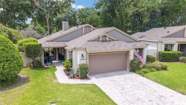 ranch-style home featuring a garage, driveway, a shingled roof, and a front yard