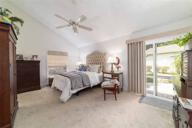 bedroom featuring baseboards, light colored carpet, access to outside, ceiling fan, and high vaulted ceiling
