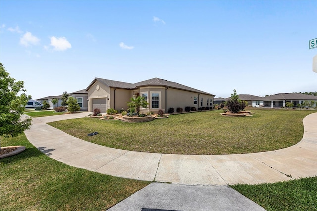 view of front facade featuring stucco siding, a front lawn, concrete driveway, and an attached garage