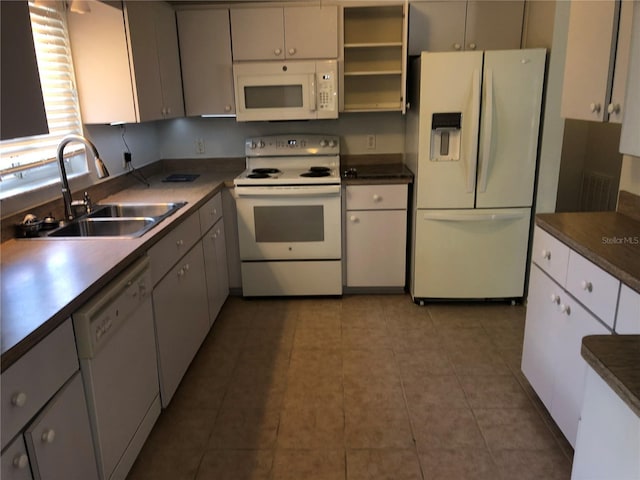 9896 SW 61st Ct, Ocala, FL 34476 - kitchen with a sink, open shelves, dark countertops, and white appliances