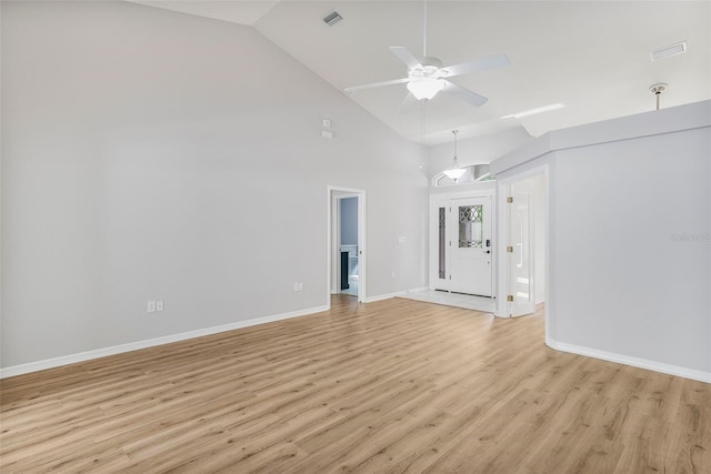 unfurnished living room featuring high vaulted ceiling, ceiling fan, visible vents, and light wood finished floors