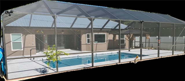 view of swimming pool featuring glass enclosure, a fenced in pool, and a patio area