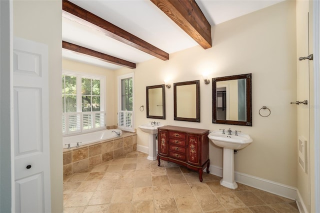 950 SW 43rd Pl, Ocala, FL 34471 - bathroom featuring baseboards, a garden tub, stone finish floor, and beamed ceiling