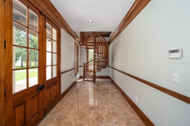 950 SW 43rd Pl, Ocala, FL 34471 - hall with ornamental molding, marble finish floor, stairs, baseboards, and recessed lighting