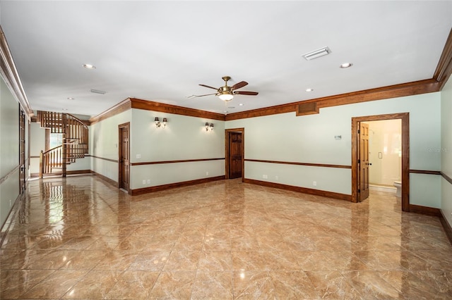 950 SW 43rd Pl, Ocala, FL 34471 - empty room featuring visible vents, ornamental molding, stairs, baseboards, and a ceiling fan