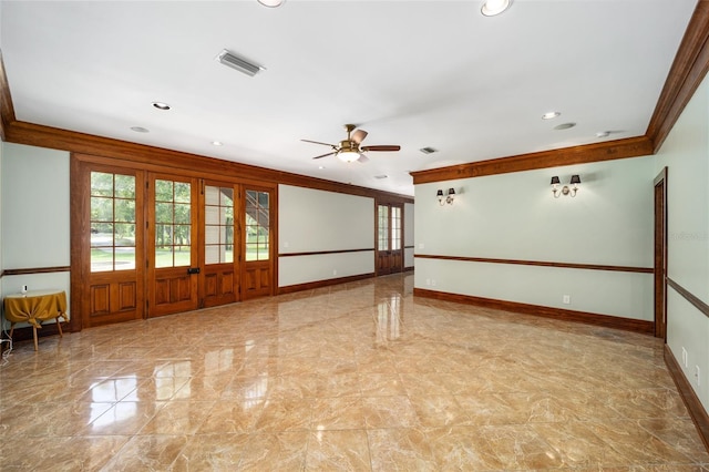950 SW 43rd Pl, Ocala, FL 34471 - empty room with crown molding, baseboards, visible vents, and ceiling fan