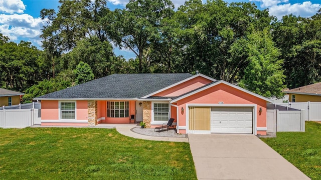 single story home featuring stone siding, concrete driveway, a front lawn, and a garage