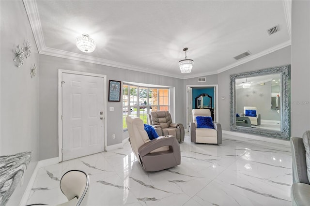 entryway with visible vents, ornamental molding, and baseboards