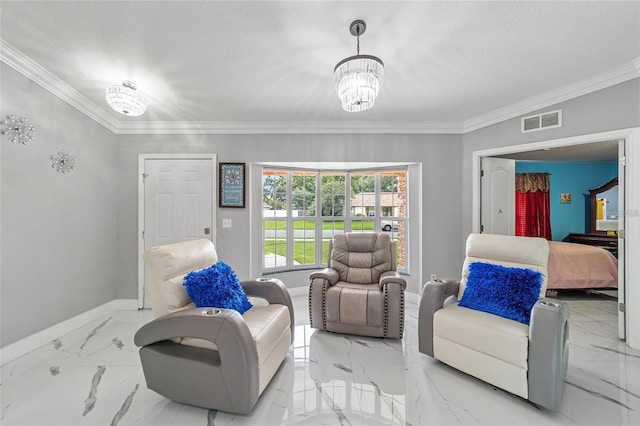 interior space featuring marble finish floor, baseboards, visible vents, a notable chandelier, and crown molding
