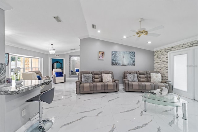 living area with visible vents, ceiling fan, crown molding, and recessed lighting