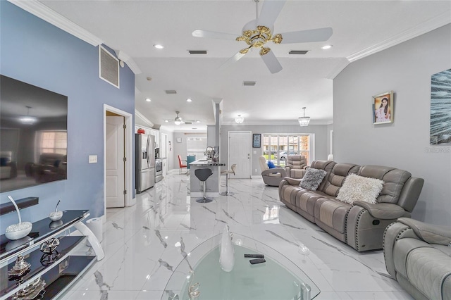 living area with marble finish floor, a ceiling fan, and crown molding