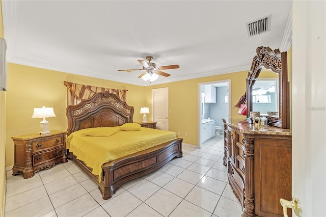 bedroom featuring light tile patterned floors, ensuite bath, crown molding, a ceiling fan, and visible vents