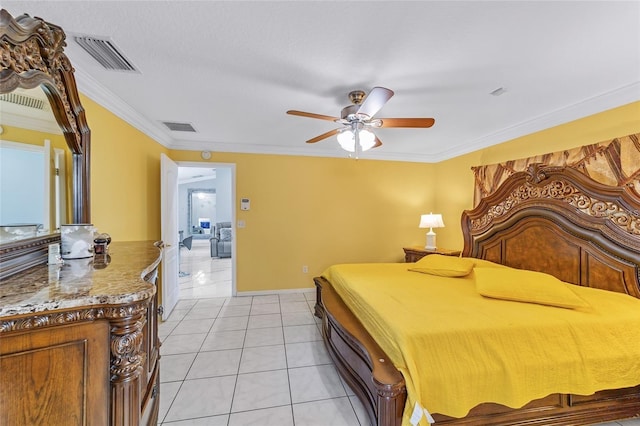 bedroom featuring ornamental molding, a ceiling fan, visible vents, and light tile patterned floors
