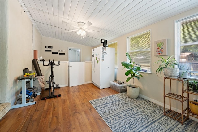 219 NW 7th St, Williston, FL 32696 - exercise area with wood ceiling, a ceiling fan, light wood-type flooring, and lofted ceiling