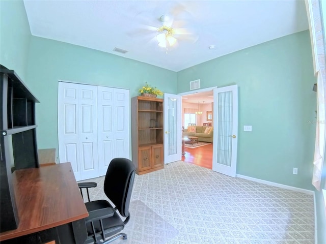 2323 NW 55th Avenue Rd, Ocala, FL 34482 - office with carpet, a ceiling fan, baseboards, and french doors