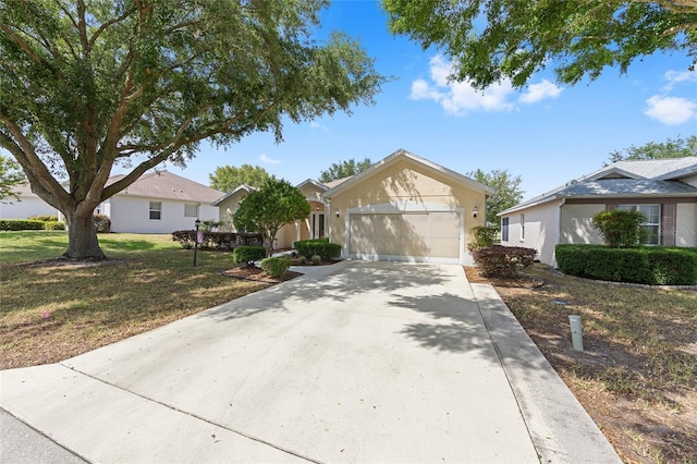 single story home with an attached garage, driveway, a front yard, and a residential view