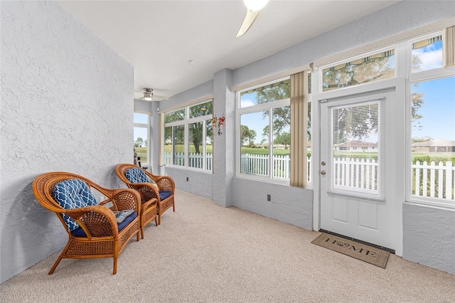 sunroom / solarium with a textured wall and carpet floors