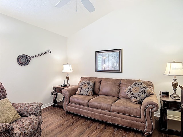 living area featuring ceiling fan, baseboards, high vaulted ceiling, and wood finished floors