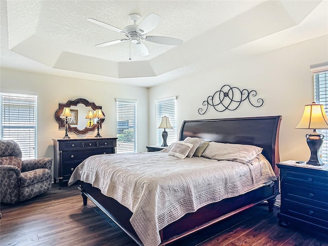 bedroom with a raised ceiling, multiple windows, and wood finished floors