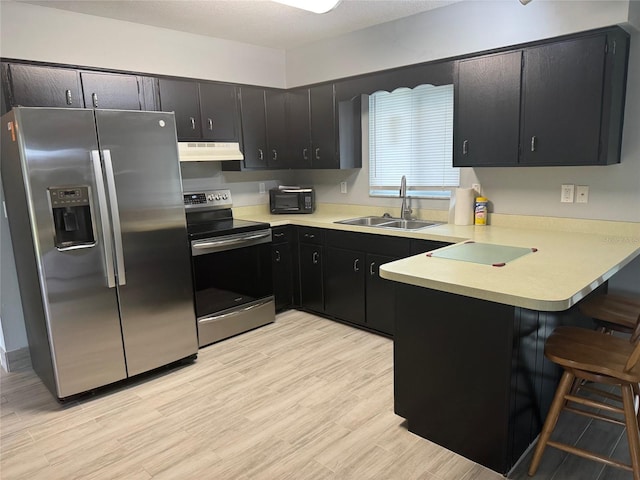 21570 SW Raintree St, Dunnellon, FL 34431 - kitchen with stainless steel appliances, a peninsula, a sink, dark cabinetry, and under cabinet range hood