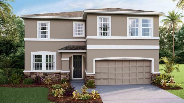 traditional-style house featuring a garage, stone siding, concrete driveway, and stucco siding