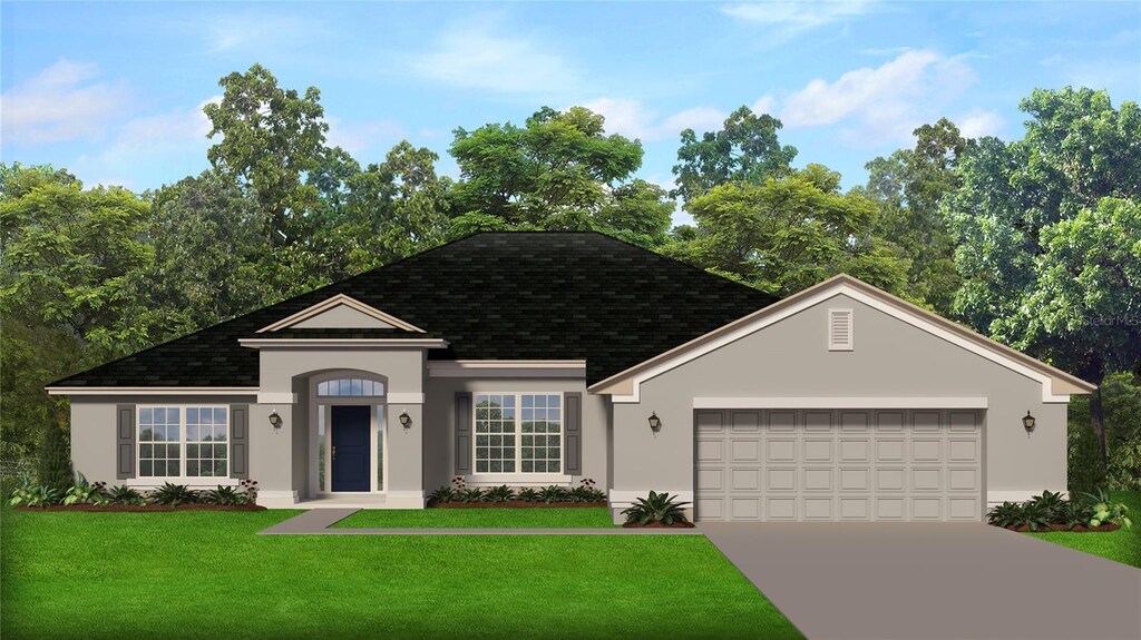 423 Tryon Cir, Spring Hill, FL 34606 - ranch-style home with a garage, a front lawn, driveway, and stucco siding