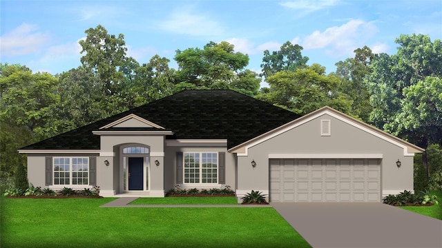 423 Tryon Cir, Spring Hill, FL 34606 - ranch-style home with a garage, a front lawn, driveway, and stucco siding