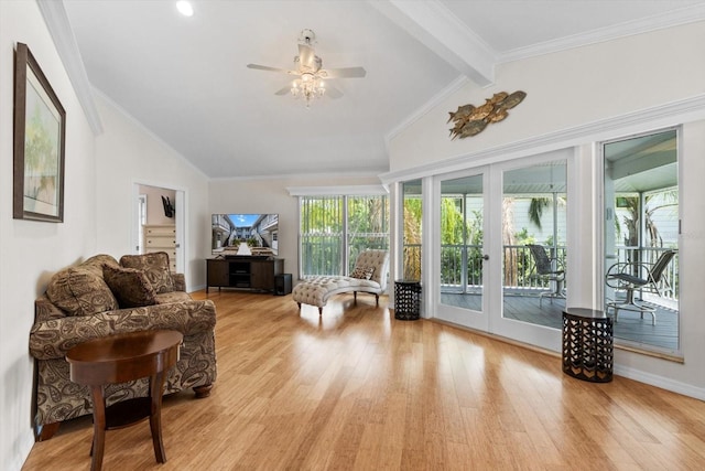 255 NW Bay Path Dr, Crystal River, FL 34428 - interior space with ceiling fan, french doors, beam ceiling, wood finished floors, and high vaulted ceiling