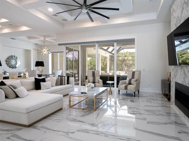 living area with coffered ceiling, marble finish floor, baseboards, visible vents, and a tray ceiling
