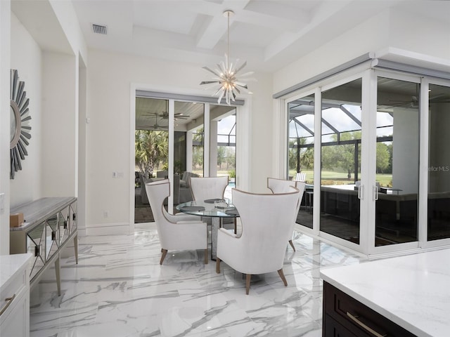 dining space with coffered ceiling, beamed ceiling, marble finish floor, visible vents, and a sunroom