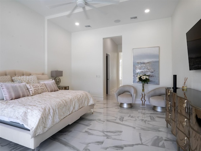 bedroom with visible vents, marble finish floor, and recessed lighting