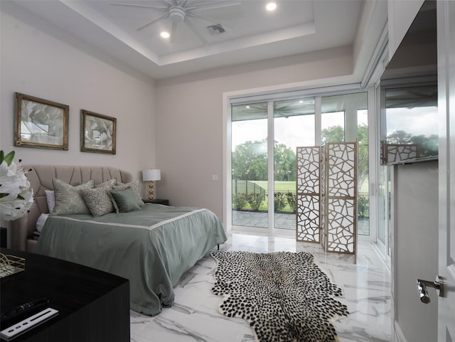 bedroom with recessed lighting, marble finish floor, access to exterior, visible vents, and a raised ceiling