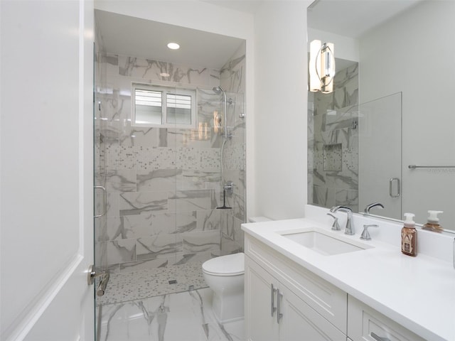 bathroom featuring a stall shower, toilet, recessed lighting, vanity, and marble finish floor