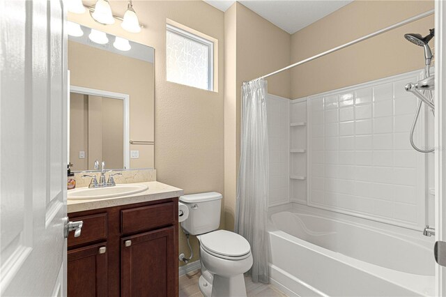 full bath with vanity, toilet, and shower / bath combination with curtain