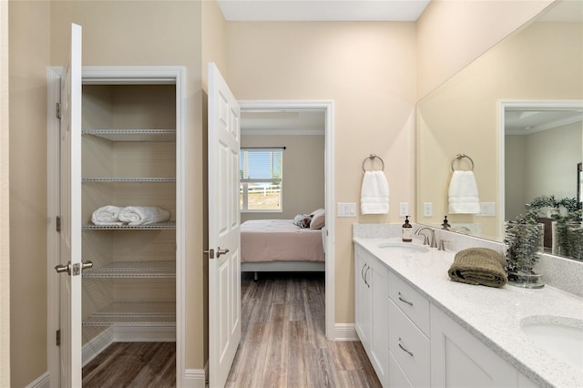 9923 SW 98th Ln, Ocala, FL 34481 - bathroom featuring wood finished floors, crown molding, double vanity, and a sink