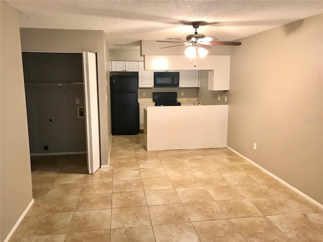 5440 SE 30th Pl, Ocala, FL 34480 - kitchen with white cabinets, ceiling fan, a textured ceiling, a peninsula, and black appliances