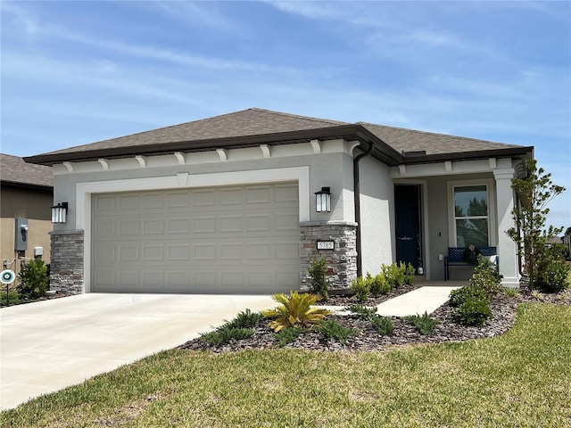 5785 SW 87th Court Rd, Ocala, FL 34481 - prairie-style house with stone siding, driveway, a garage, and stucco siding