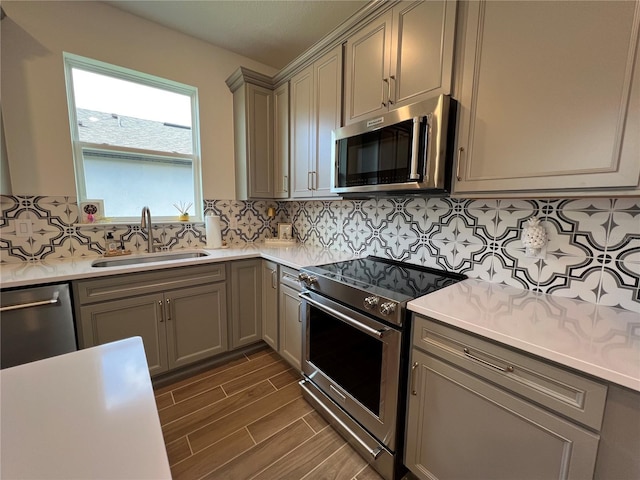 5785 SW 87th Court Rd, Ocala, FL 34481 - kitchen featuring appliances with stainless steel finishes, a sink, gray cabinetry, and light countertops