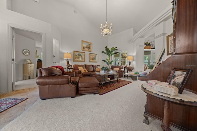 811 SE 49th Ave, Ocala, FL 34471 - living area with carpet floors, high vaulted ceiling, a notable chandelier, and tile patterned flooring