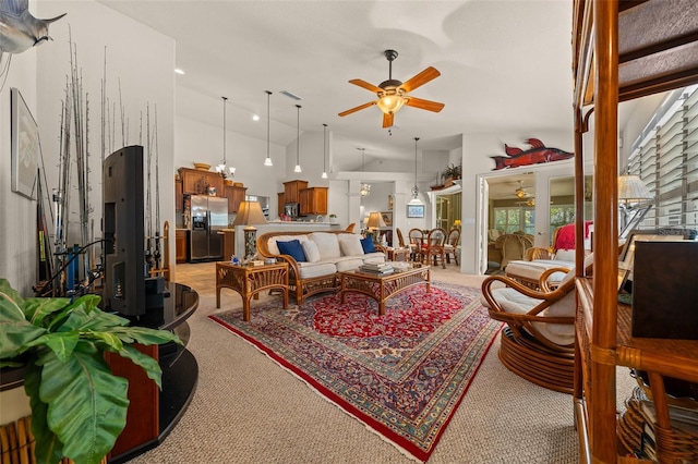 811 SE 49th Ave, Ocala, FL 34471 - living area featuring ceiling fan, light carpet, and high vaulted ceiling