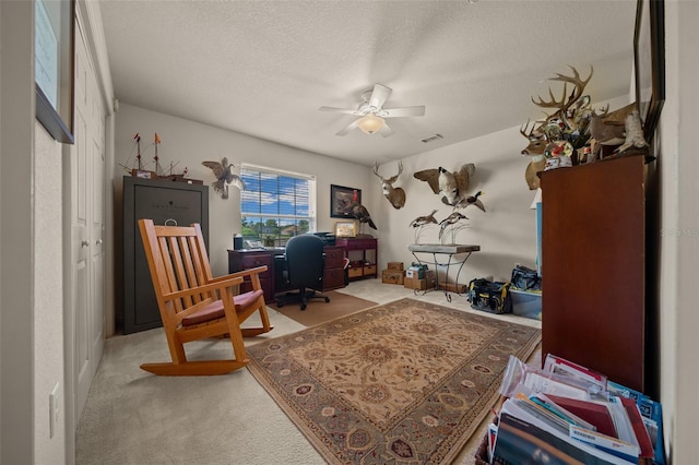 811 SE 49th Ave, Ocala, FL 34471 - office area featuring a ceiling fan, a textured ceiling, visible vents, and carpet